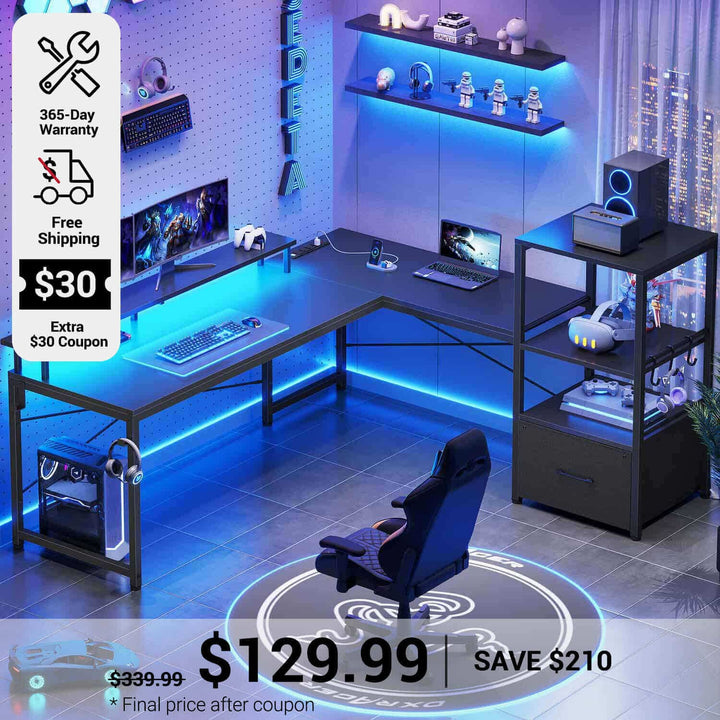 SEDETA 51 Inch L Shaped Gaming Desk with Storage Shelves Power Outlets LED Lights and Monitor Stand