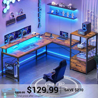 SEDETA 51 Inch L Shaped Gaming Desk with Storage Shelves Power Outlets LED Lights and Monitor Stand