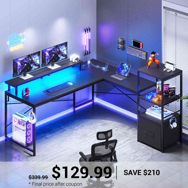 SEDETA 51 Inch L Shaped Gaming Desk with Storage Shelves Power Outlets LED Lights and Monitor Stand