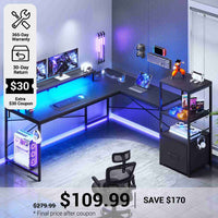 SEDETA® 51 Inch Corner LED Gaming Desk Home Office Computer Table with File Drawer