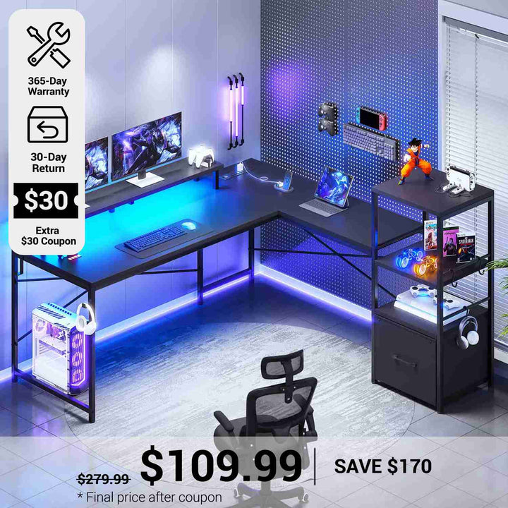 SEDETA® 51 Inch Corner LED Gaming Desk Home Office Computer Table with File Drawer