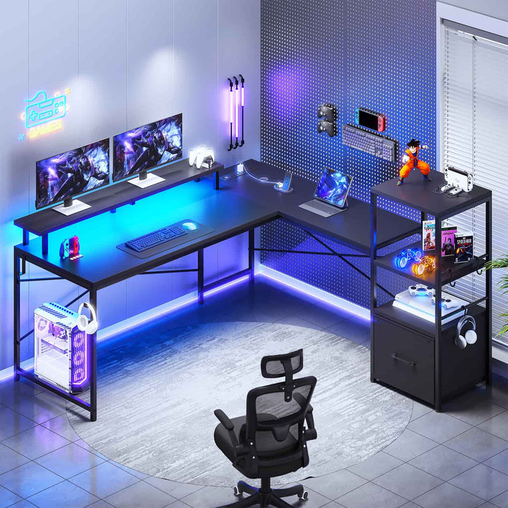 SEDETA 51 Inch L Shaped Gaming Desk with Storage Shelves Power Outlets LED Lights and Monitor Stand