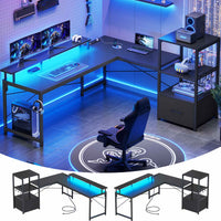 SEDETA 51 Inch L Shaped Gaming Desk with Storage Shelves Power Outlets LED Lights and Monitor Stand