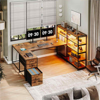 SEDETA 64.5 Inch Office LED Reversible Computer Desk Gaming Desk with Drawer Storage Bookshelf