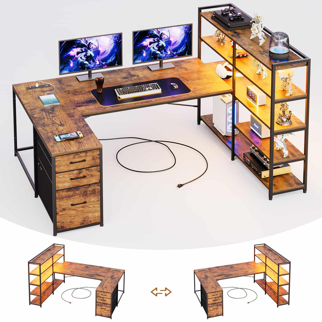 SEDETA 64.5 Inch Reversible Office Computer Desk LED Gaming Desk with Drawer Storage Bookshelf