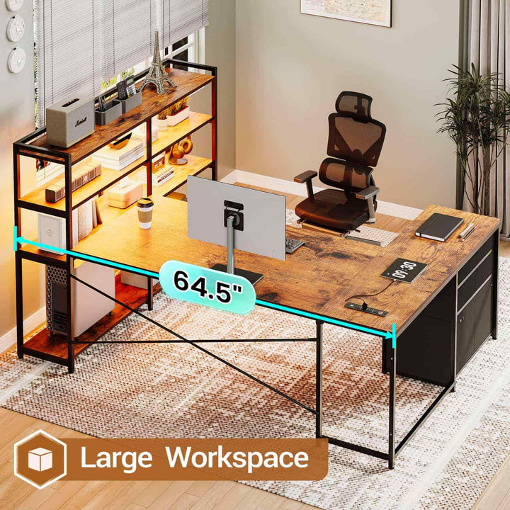 SEDETA 64.5 Inch Office LED Reversible Computer Desk Gaming Desk with Drawer Storage Bookshelf