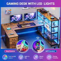 SEDETA 64.5 Inch Office LED Reversible Computer Desk Gaming Desk with Drawer Storage Bookshelf