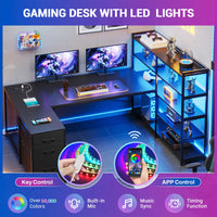 SEDETA 64.5 Inch Office LED Reversible Computer Desk Gaming Desk with Drawer Storage Bookshelf