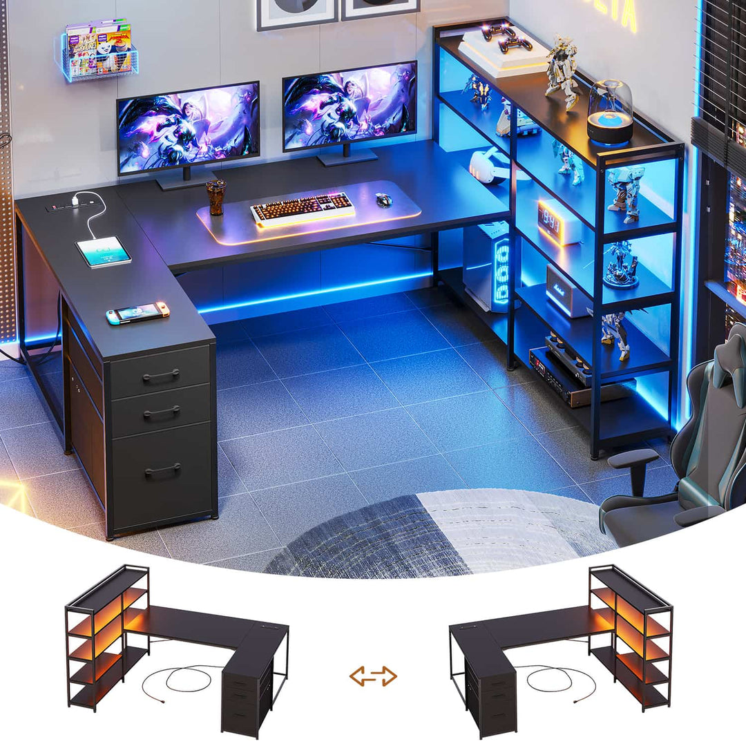 SEDETA 64.5 Inch Reversible Office Computer Desk LED Gaming Desk with Drawer Storage Bookshelf