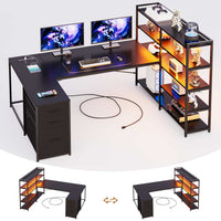 SEDETA 64.5 Inch Office LED Reversible Computer Desk Gaming Desk with Drawer Storage Bookshelf