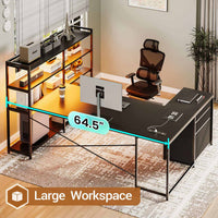 SEDETA 64.5 Inch Reversible Office Computer Desk LED Gaming Desk with Drawer Storage Bookshelf