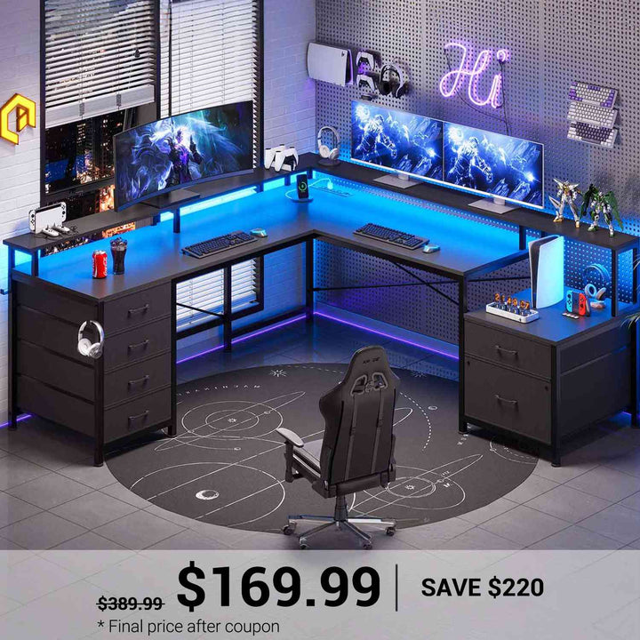 SEDETA | 108 Inch Gaming Desk Two Person L Shaped Desk with File Drawer for Home Office