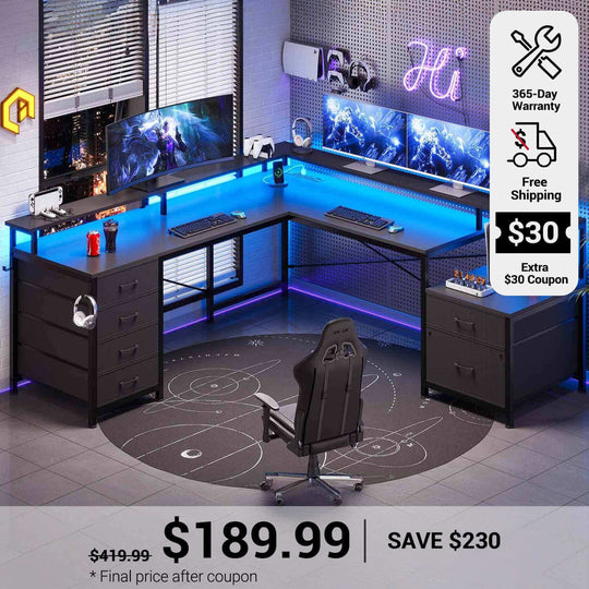 SEDETA 108 Inch L Shaped Gaming Desk Two Person Desk with File Drawer and Power Outlet