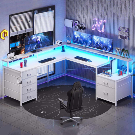 SEDETA 108 Inch L Shaped Gaming Desk Two Person Desk with File Drawer and Power Outlet