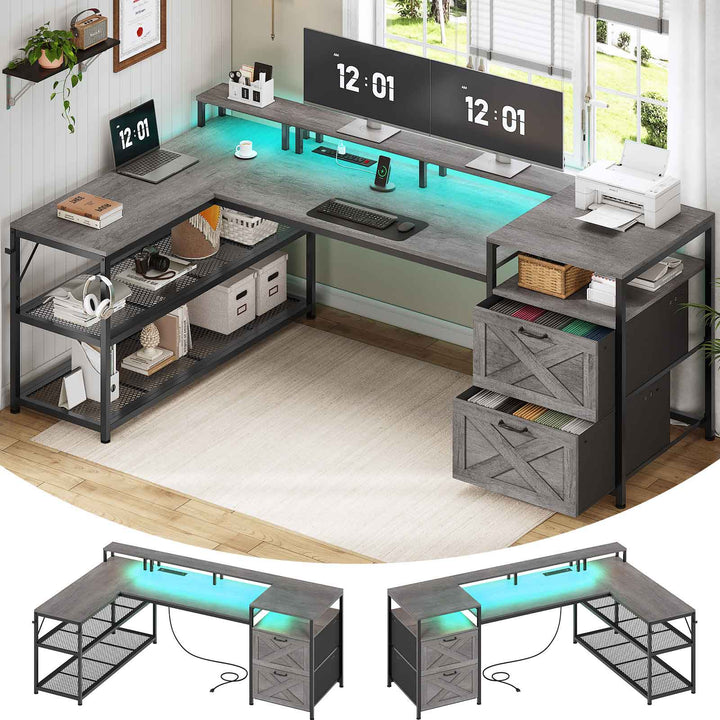 SEDETA | 67 Inch Reversible L Shaped Led Gaming Desk with Drawers for Home Office