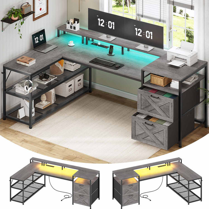 SEDETA | 67 Inch Reversible L Shaped Led Gaming Desk with Drawers for Home Office