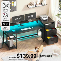 SEDETA 59 Inch Office Desk with Drawers Reversible Computer Gaming Desk with LED Lights