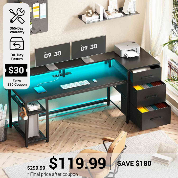 SEDETA® 59 Inch Reversible Computer Desk Home Office LED Gaming Table with File Drawers & Storage