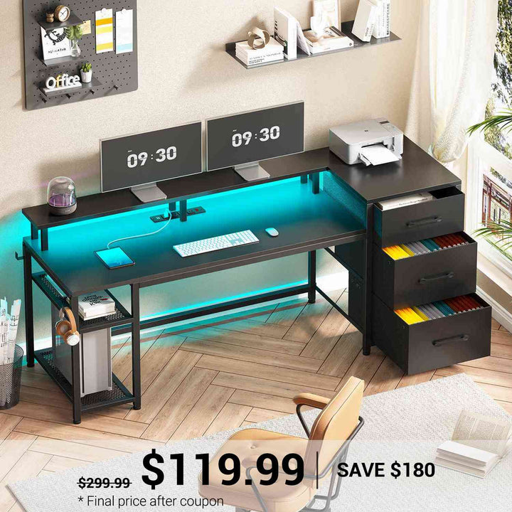 SEDETA® 59 Inch Reversible Computer Desk Home Office LED Gaming Table with File Drawers & Storage