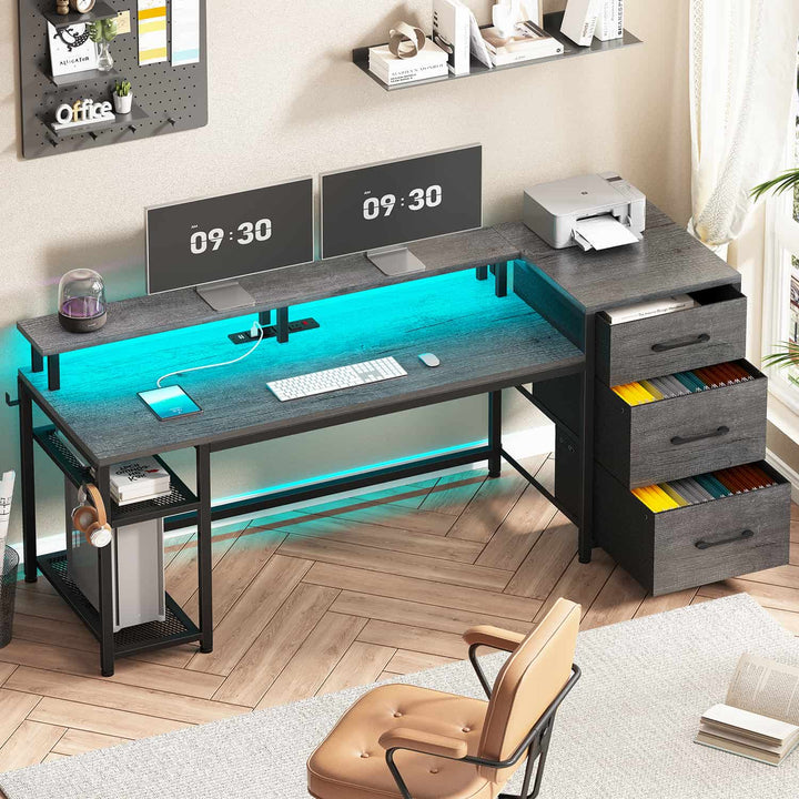 SEDETA 59 Inch Office Desk with Drawers Reversible Computer Gaming Desk with LED Lights