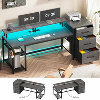 SEDETA 59 Inch Office Desk with Drawers Reversible Computer Gaming Desk with LED Lights