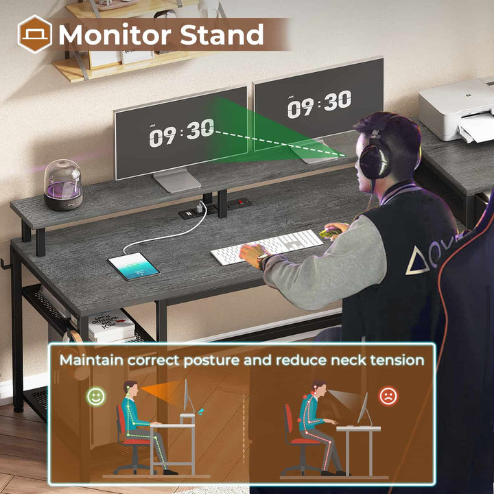 SEDETA® 59 Inch Reversible Computer Desk Home Office LED Gaming Table with File Drawers & Storage