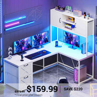 SEDETA® 62.2 Inch Reversible L Shaped Computer Table Corner LED Gaming Desk with Drawers Hutch