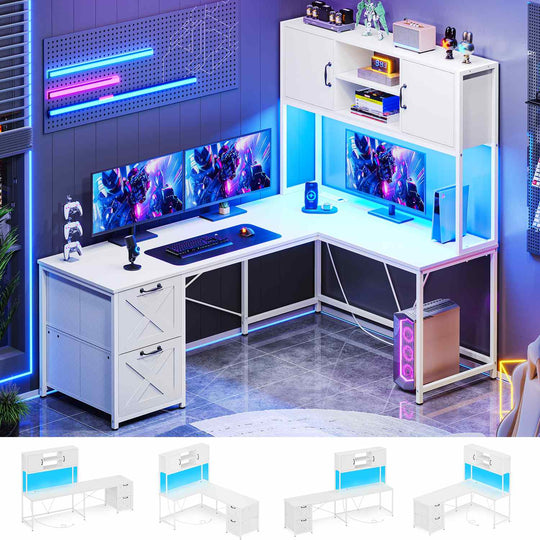 SEDETA 62.2 Inch L Shaped Gaming Desk with Drawers Fabric File Drawers and Power Outlet