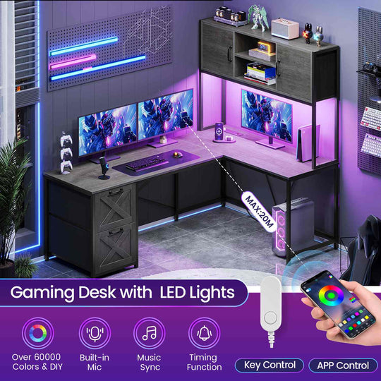 SEDETA 62.2 Inch L Shaped Gaming Desk with Drawers Fabric File Drawers and Power Outlet