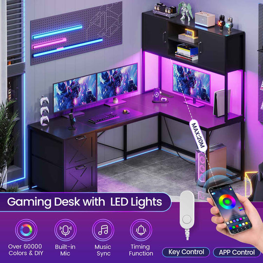 SEDETA 62.2 Inch L Shaped Gaming Desk with Drawers Fabric File Drawers and Power Outlet