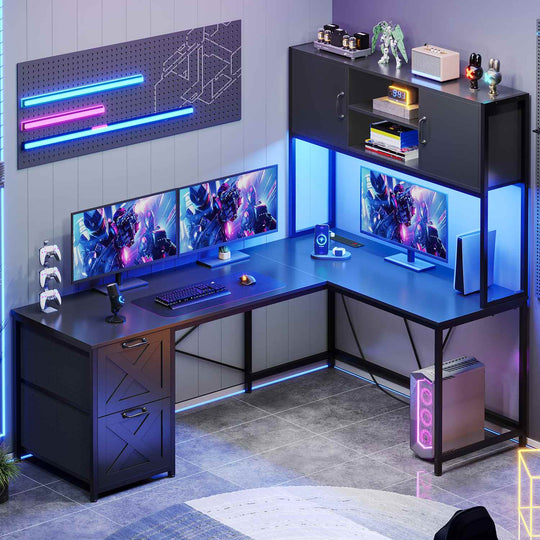 SEDETA 62.2 Inch L Shaped Gaming Desk with Drawers Fabric File Drawers and Power Outlet