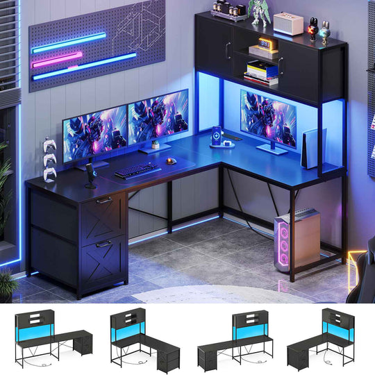 SEDETA 62.2 Inch L Shaped Gaming Desk with Drawers Fabric File Drawers and Power Outlet