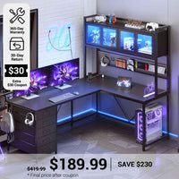 SEDETA® 62 Inch L Shaped Gaming Desk with Led Lights Computer Desk with Power Outlet Drawers Storage Shelves Pegboard