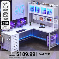 SEDETA® 62 Inch L Shaped Gaming Desk with Led Lights Computer Desk with Power Outlet Drawers Storage Shelves Pegboard