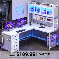 SEDETA | 62 Inch L Shaped LED Gaming Desk with Drawers and Display Cabinets Computer Desk with Power Outlet and Pegboard