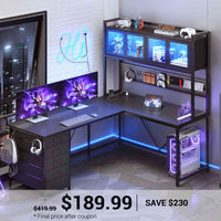 SEDETA® 62 Inch L Shaped Gaming Desk with Led Lights Computer Desk with Power Outlet Drawers Storage Shelves Pegboard