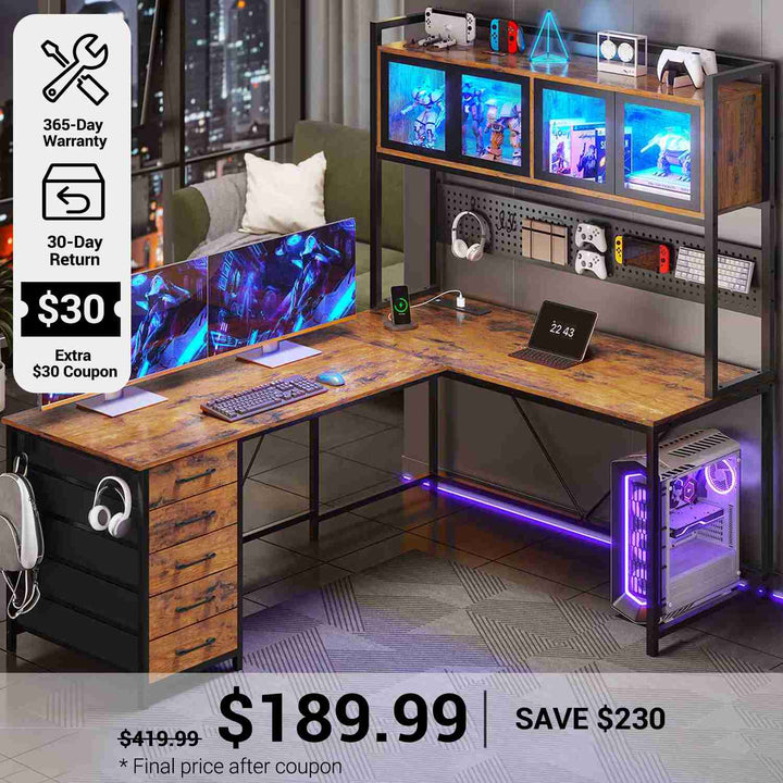 SEDETA® 62 Inch L Shaped Gaming Desk with Led Lights Computer Desk with Power Outlet Drawers Storage Shelves Pegboard