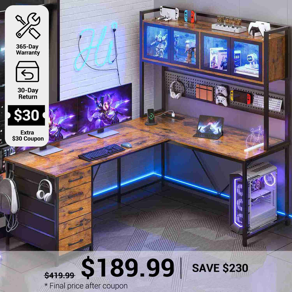 SEDETA® 62 Inch L Shaped Gaming Desk with Led Lights Computer Desk with Power Outlet Drawers Storage Shelves Pegboard