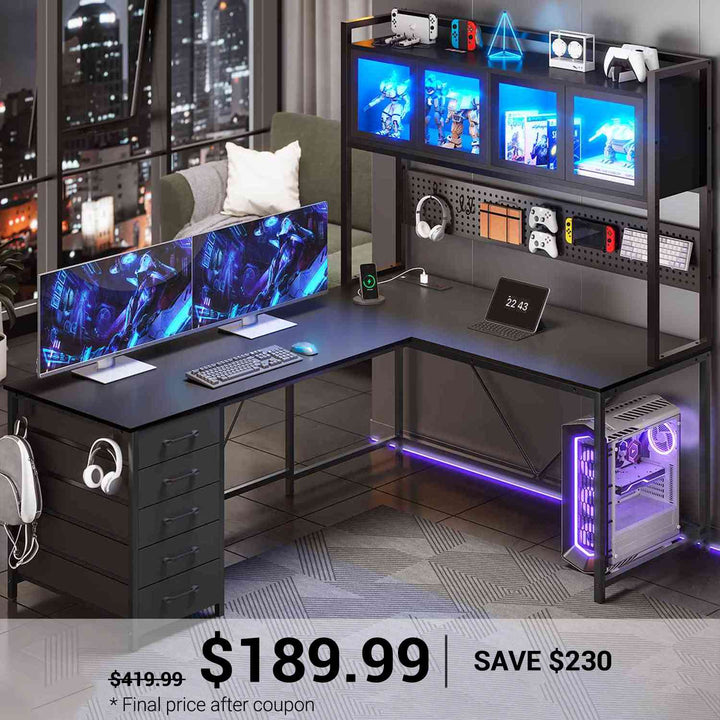 SEDETA | 62 Inch L Shaped LED Gaming Desk with Drawers and Display Cabinets Computer Desk with Power Outlet and Pegboard