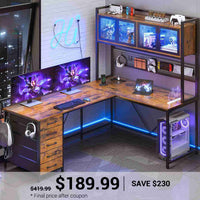 SEDETA® 62 Inch L Shaped Gaming Desk with Led Lights Computer Desk with Power Outlet Drawers Storage Shelves Pegboard