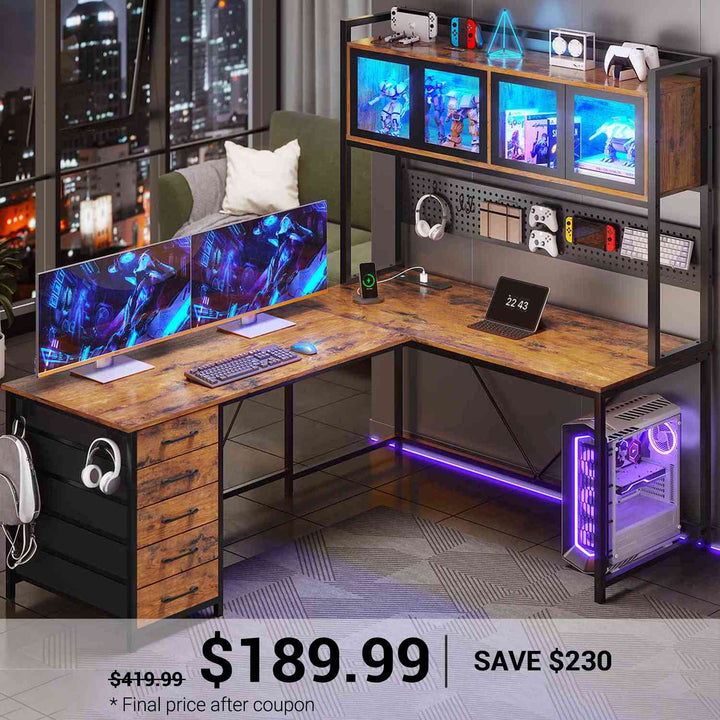 SEDETA | 62 Inch L Shaped LED Gaming Desk with Drawers and Display Cabinets Computer Desk with Power Outlet and Pegboard