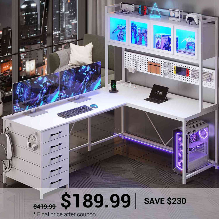 SEDETA | 62 Inch L Shaped LED Gaming Desk with Drawers and Display Cabinets Computer Desk with Power Outlet and Pegboard