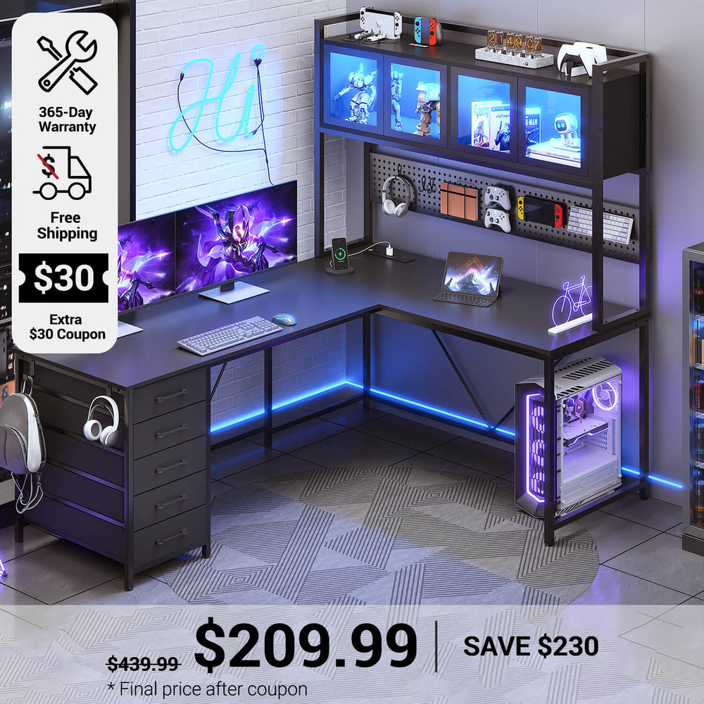 SEDETA 62 Inch L Shaped LED Gaming Desk Computer Desk with Power Outlet Storage Drawers Pegboard