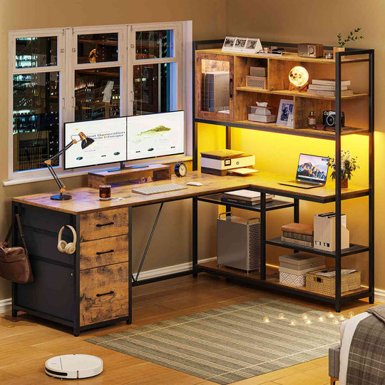 SEDETA 58 Inch L Shaped Computer Desk with Storage Shelves and LED Light for Home Office