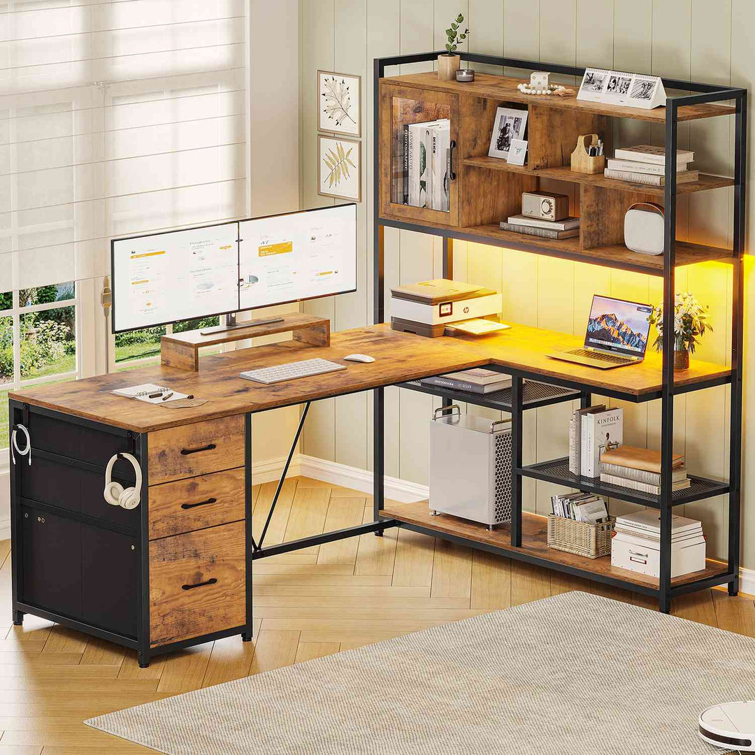 SEDETA 58 Inch L Shaped Computer Desk with Storage Shelves and LED Light for Home Office