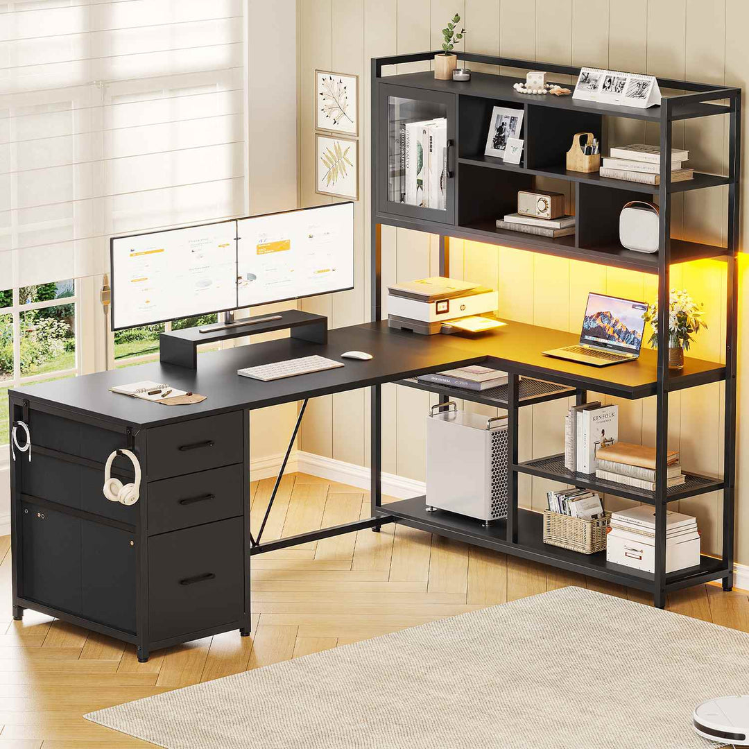 SEDETA 58 Inch L Shaped Computer Desk with Storage Shelves and LED Light for Home Office