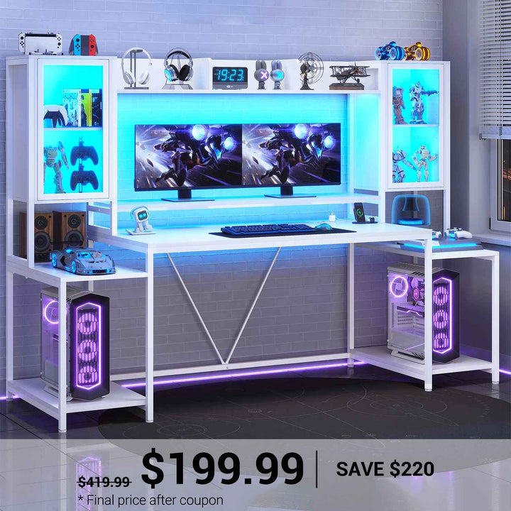 SEDETA 74.8 Inch Gaming Desk  with LED Lights Hutch and Storage Shelves