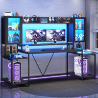 SEDETA 74.8 Inch Gaming Desk  with LED Lights Hutch and Storage Shelves