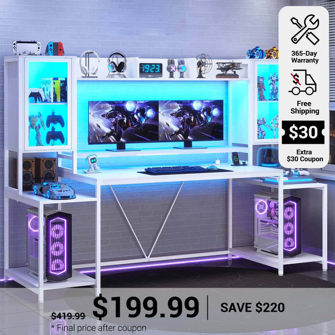 SEDETA 74.8 Inch Gaming Desk  with LED Lights Hutch and Storage Shelves