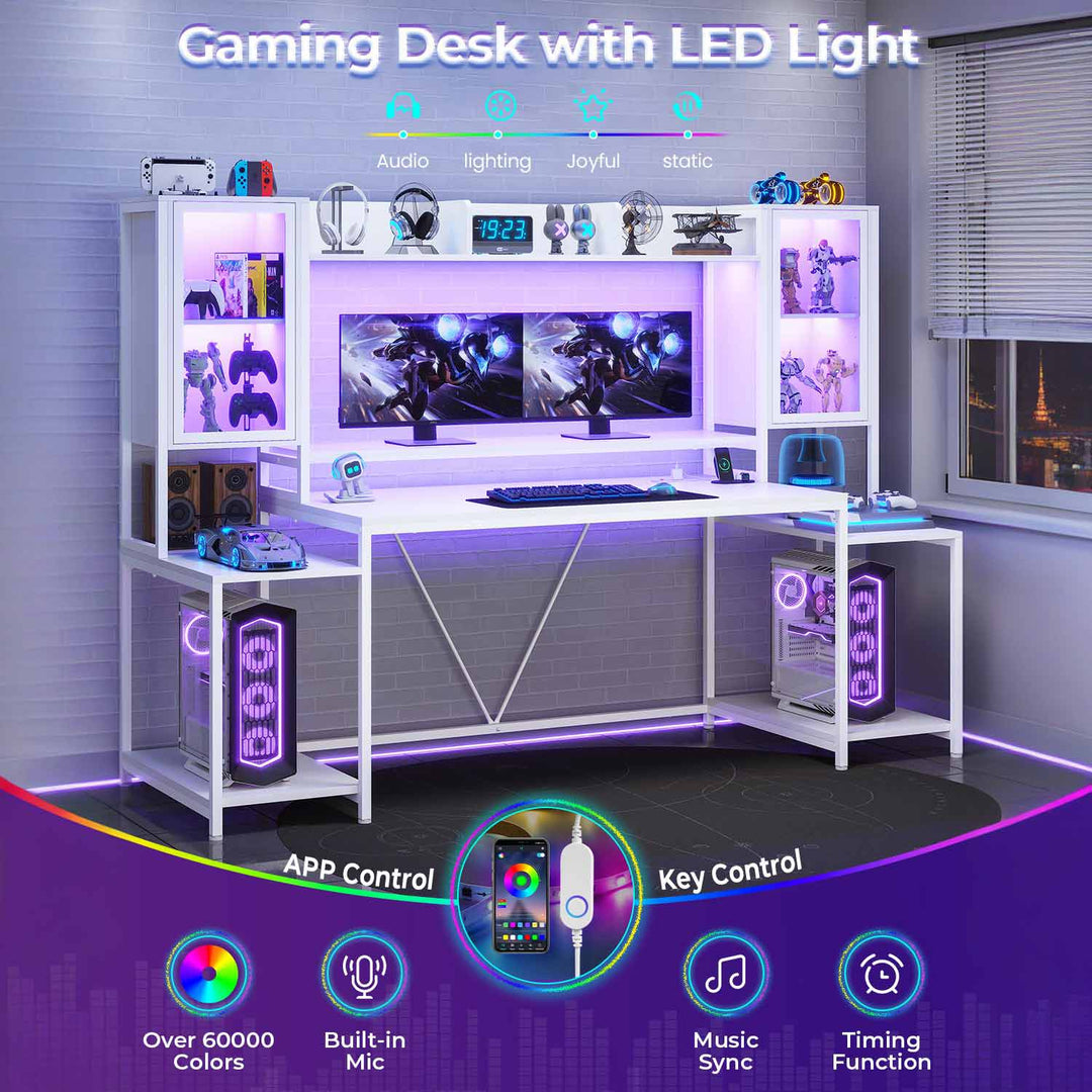 SEDETA 74.8 Inch Gaming Desk  with LED Lights Hutch and Storage Shelves